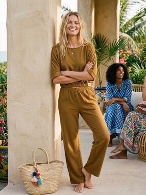 NWT Roller Rabbit Diamond Knit Pant Set Bronze Cognac Top L Bottom M
